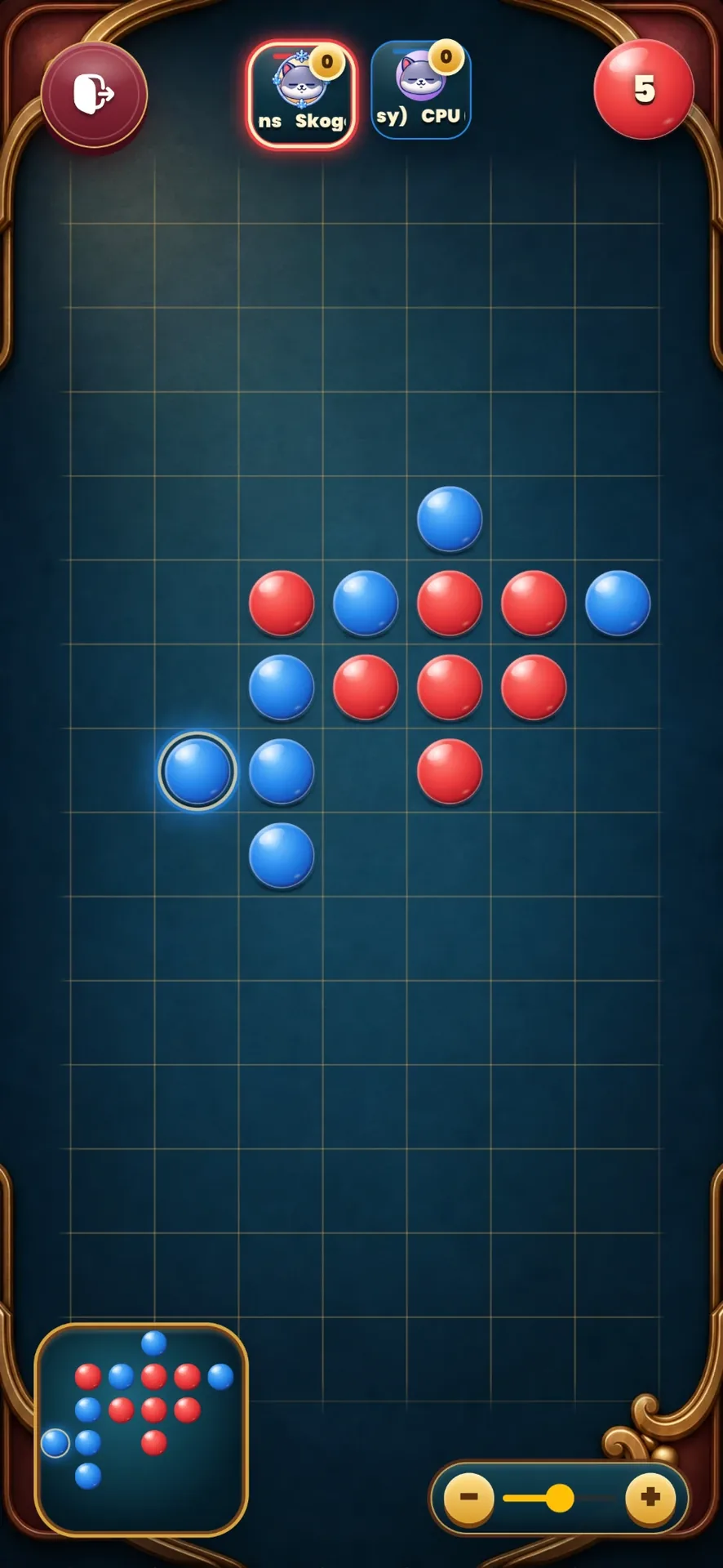 A close Ambassador duel on the edgeless grid, with red and blue marbles clustered around an open line
