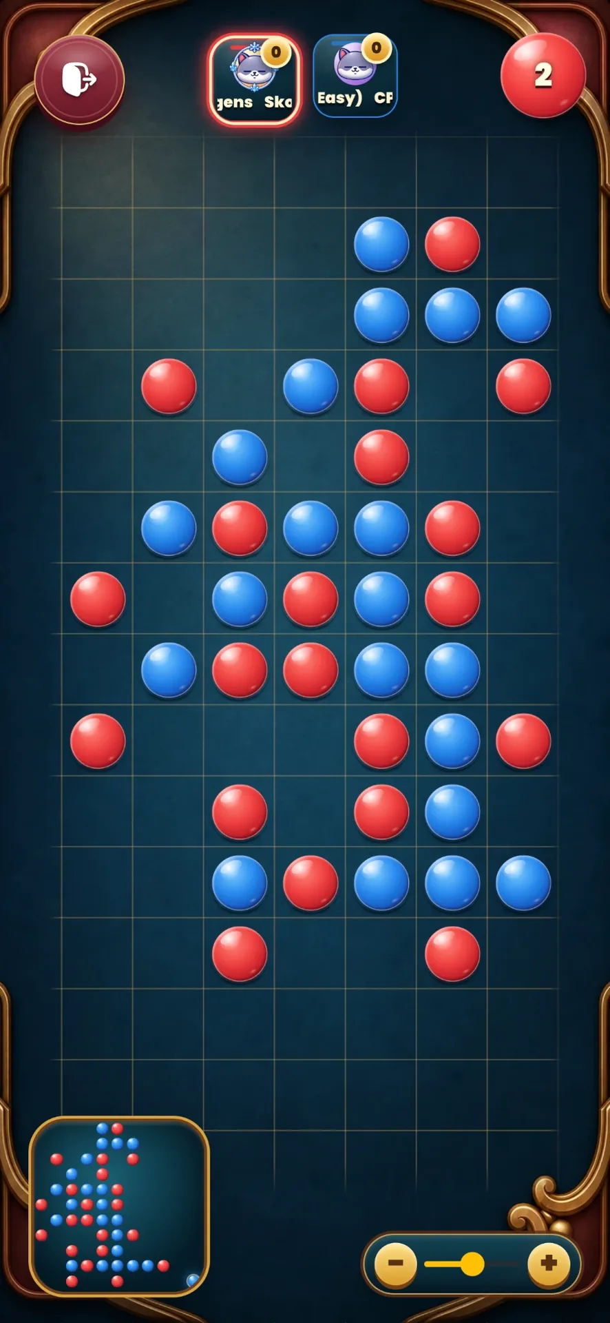 An Ambassador duel spread across the edgeless grid, with several red and blue threats developing at once