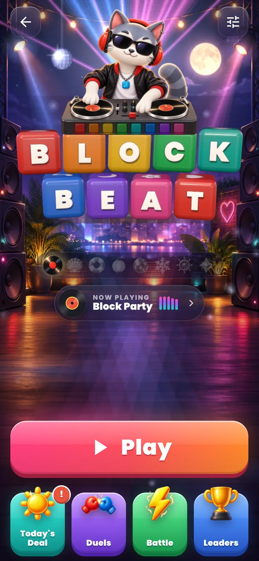 The Block Beat home at night: the DJ cat at its decks above the dice logo, stage lights sweeping the rooftop