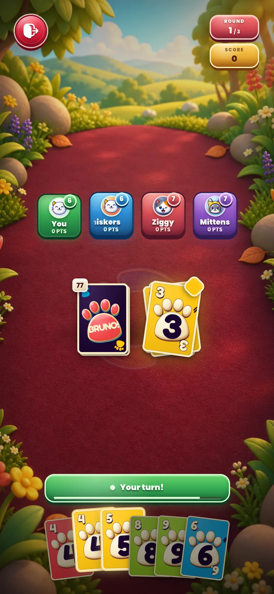 A four-player Bruno! table in round one, a yellow three on the discard pile and a fan of paw-marked cards along the bottom