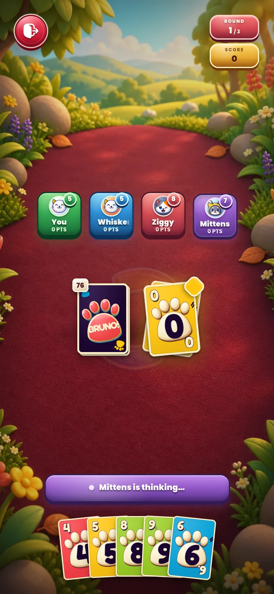 The same Bruno! table a turn later, a yellow zero on the pile while Mittens decides