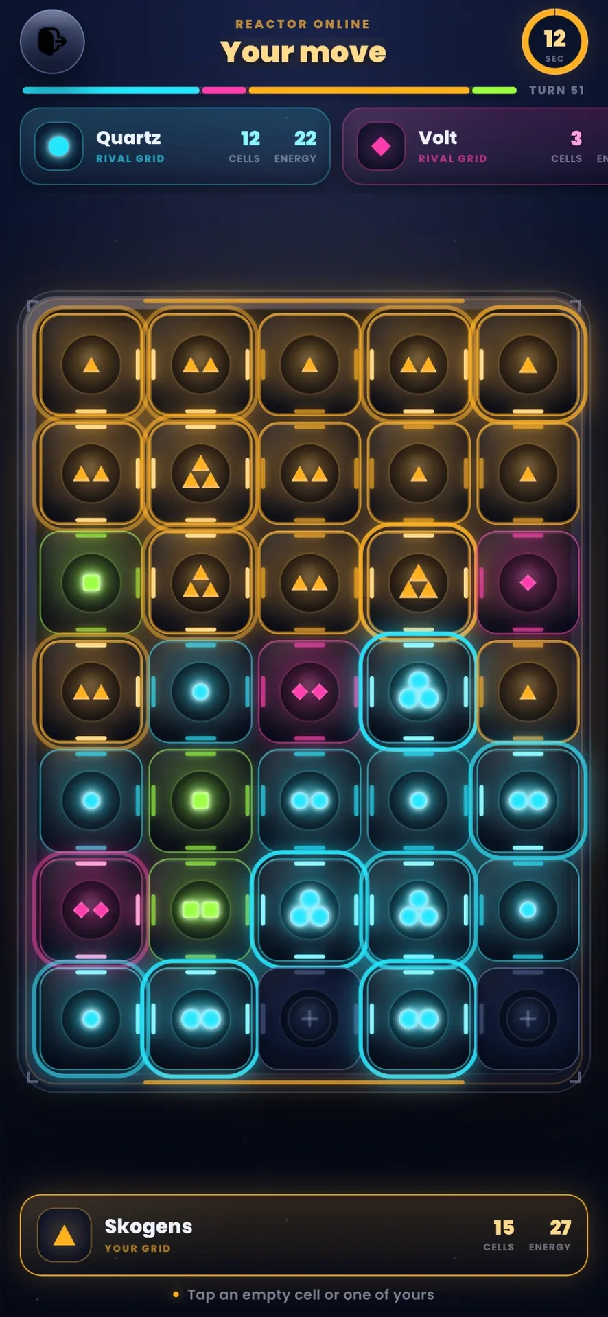A late Neon Cascade grid dominated by gold and cyan reactors, with charged cells ready to burst