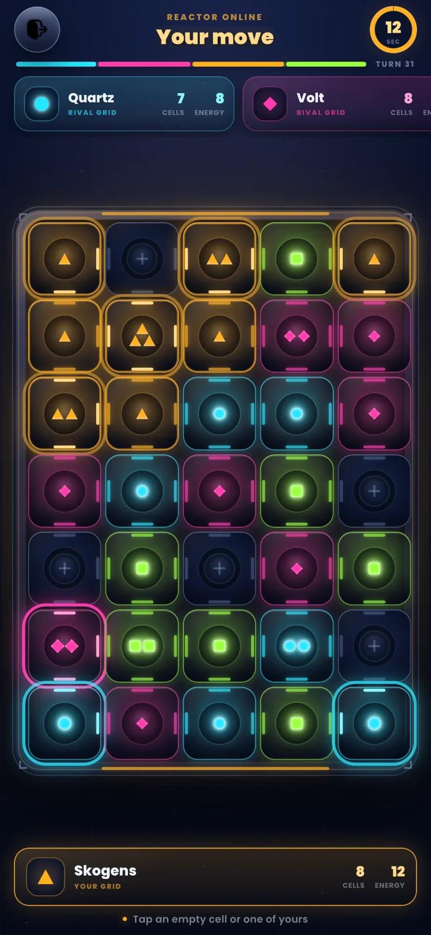 Four colours interlocked across a Neon Cascade grid, with cyan and magenta cells highlighted near the bottom