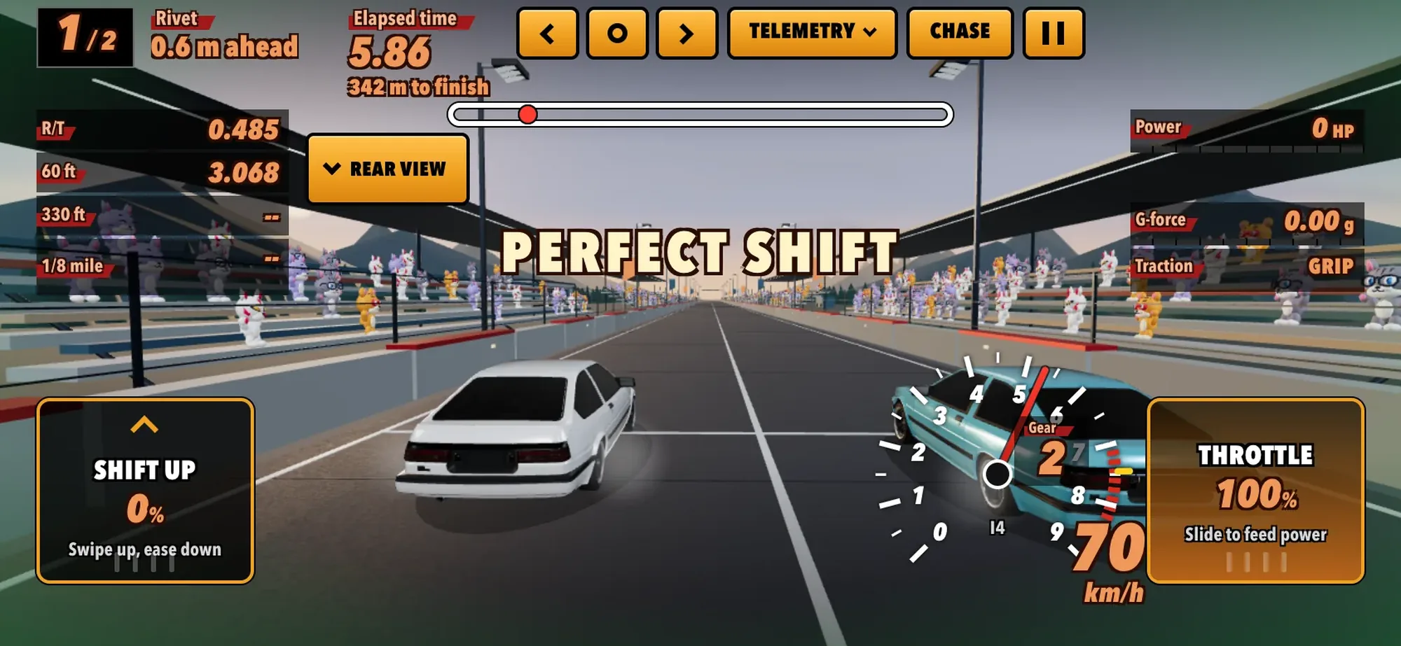 A Perfect Shift called mid run, the rival a car length back and the tachometer swinging into the next gear