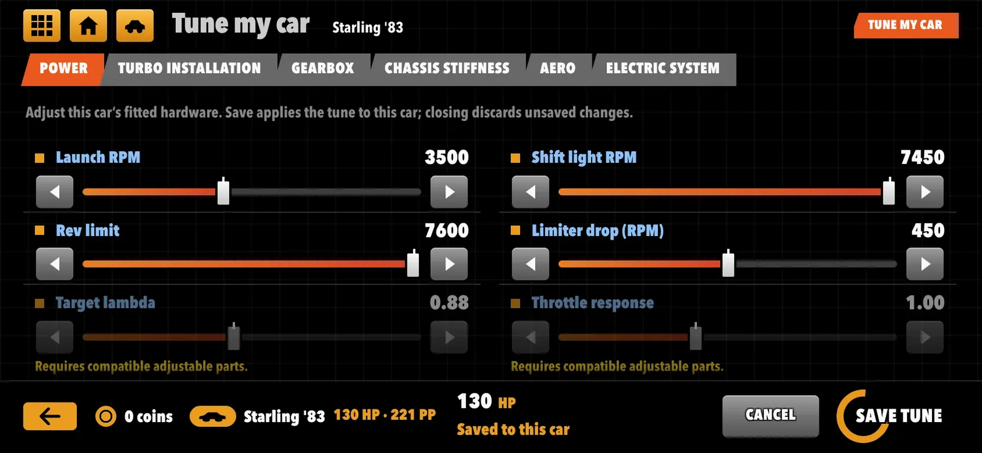 The tuning screen with launch RPM, shift light, rev limit and limiter drop set for one car