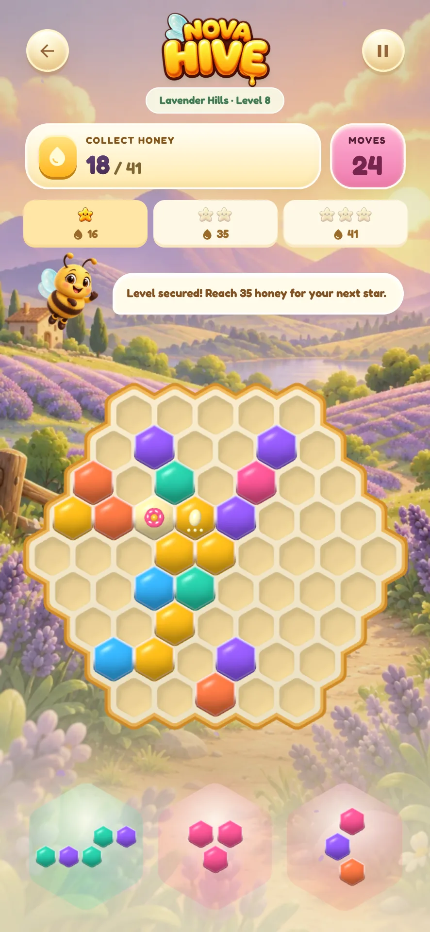 The honeycomb board mid level, three jelly pieces waiting in the tray and the honey counter climbing