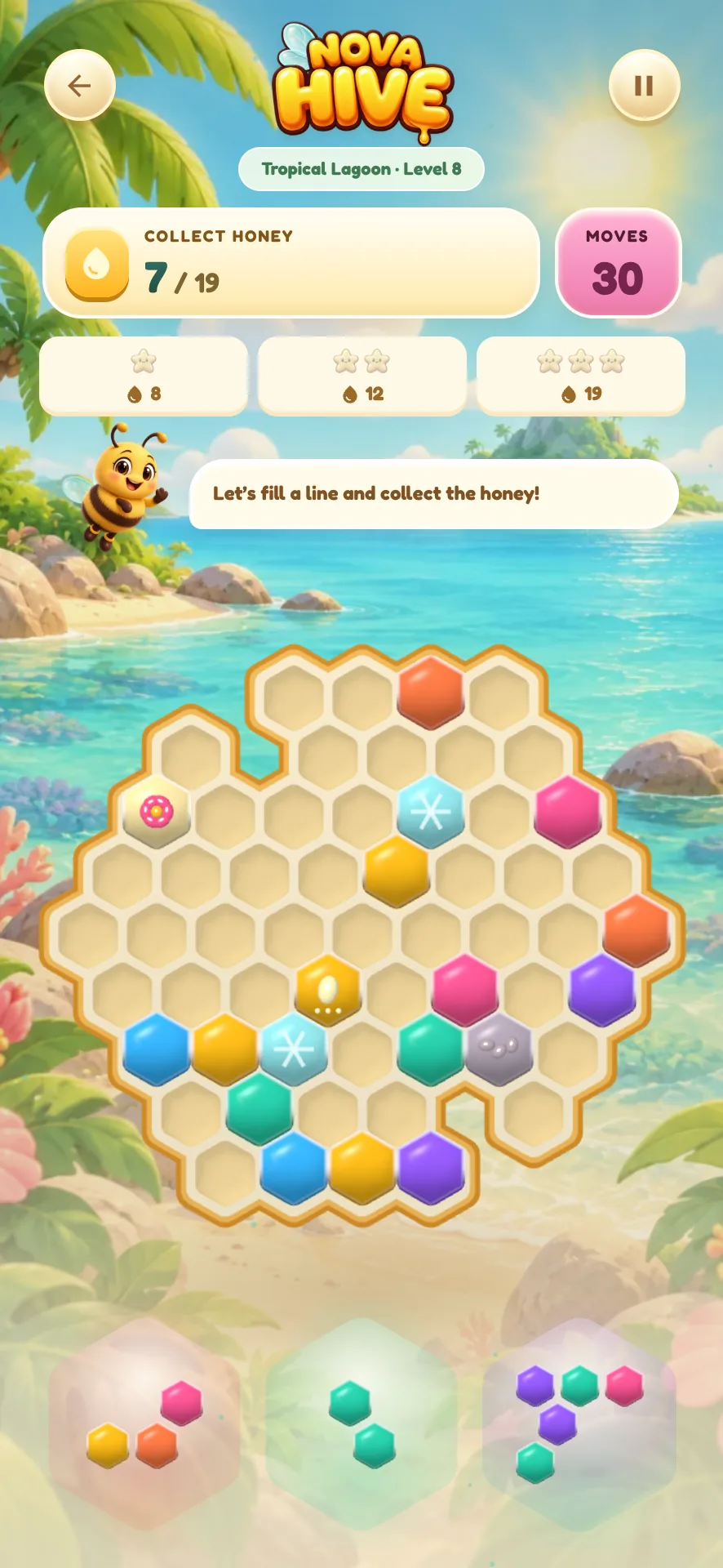 The world map drawn as a honeycomb, every hexagon a landscape carrying its earned stars