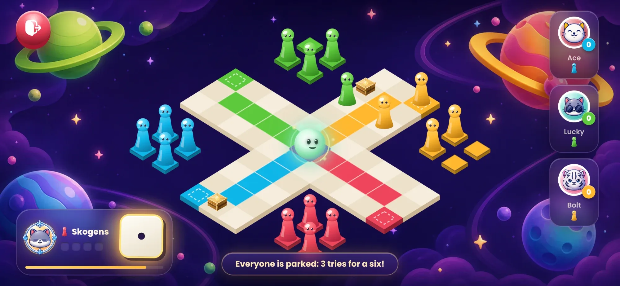A four-colour Space Lido board at the opening, with every pawn parked and three tries to roll a six