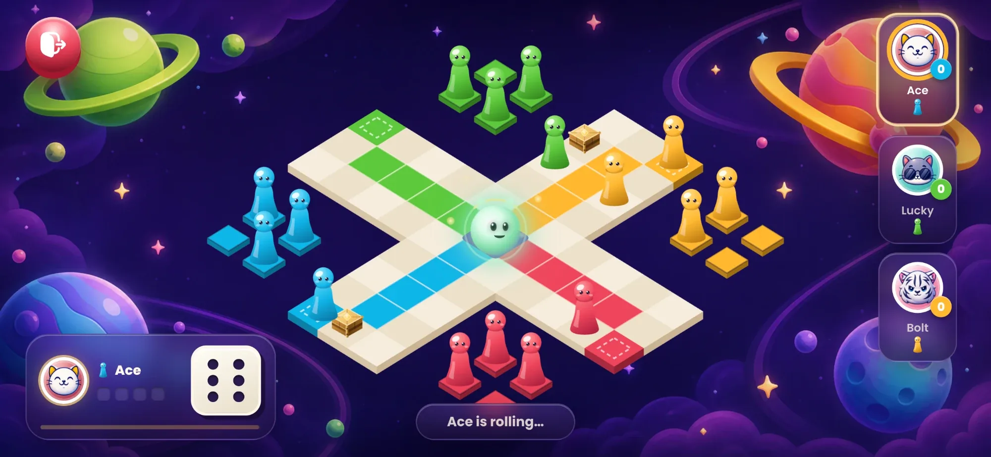 A Space Lido turn with blue and red pawns on the track while Ace rolls a six