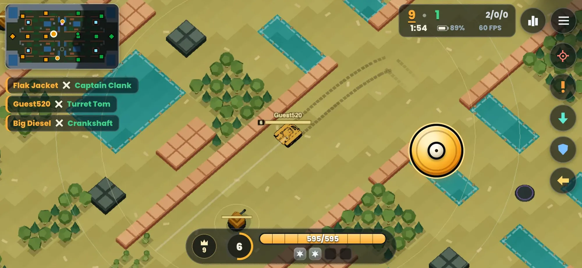 A tank holding its lane beside a brick wall, with the kill feed, minimap and fire button in view