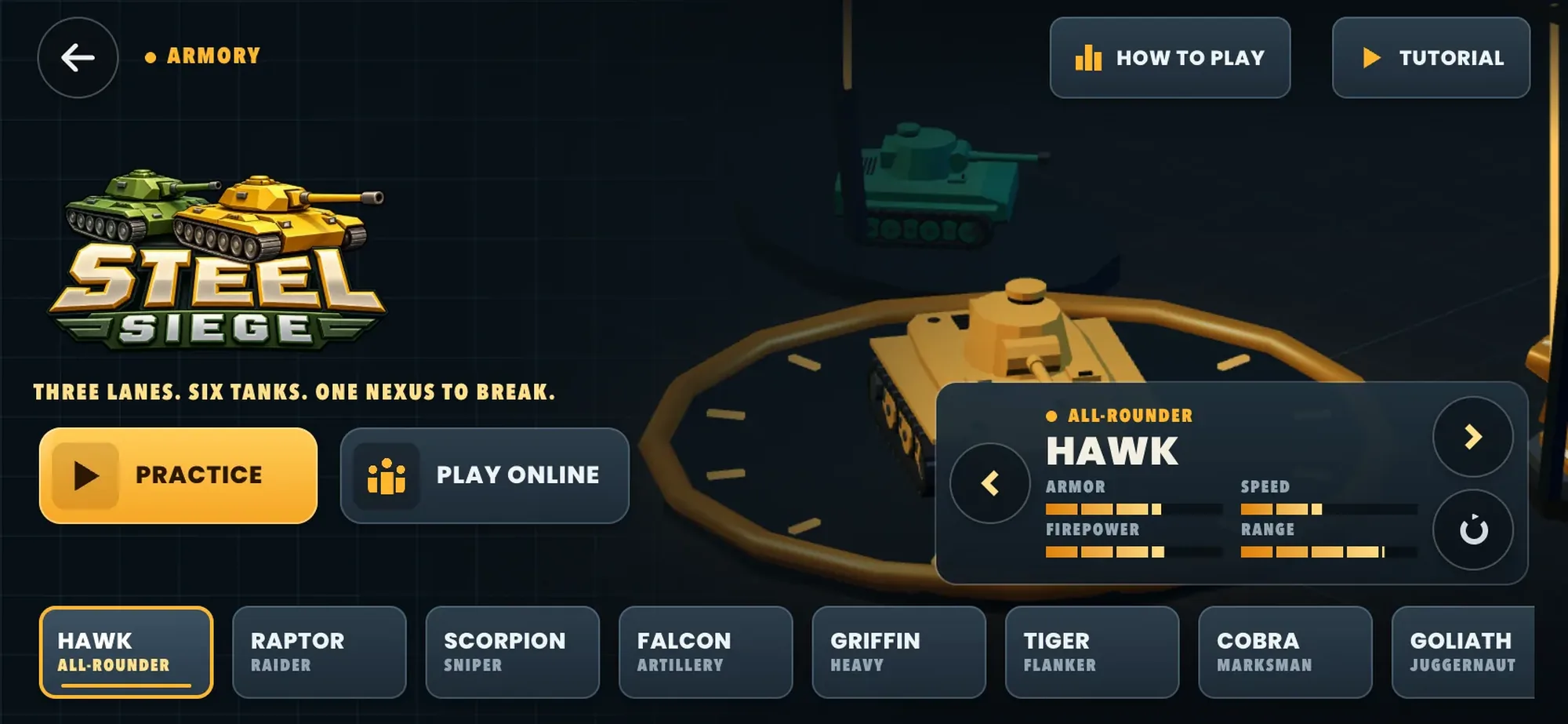 The Steel Siege armory with the Hawk all-rounder on the turntable and eight tanks to choose from