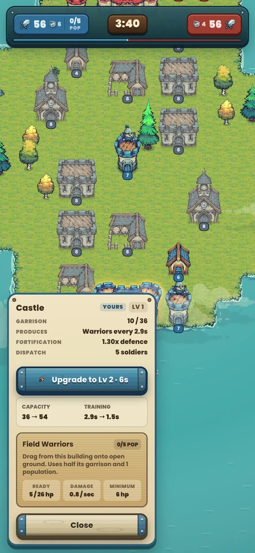 The isle with the castle panel open, showing its garrison and what it trains
