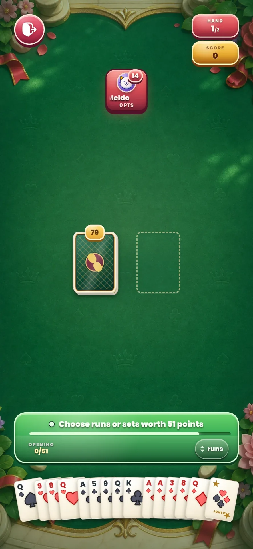 A full Rummy Royale hand before the opening, with the 51-point meter at zero