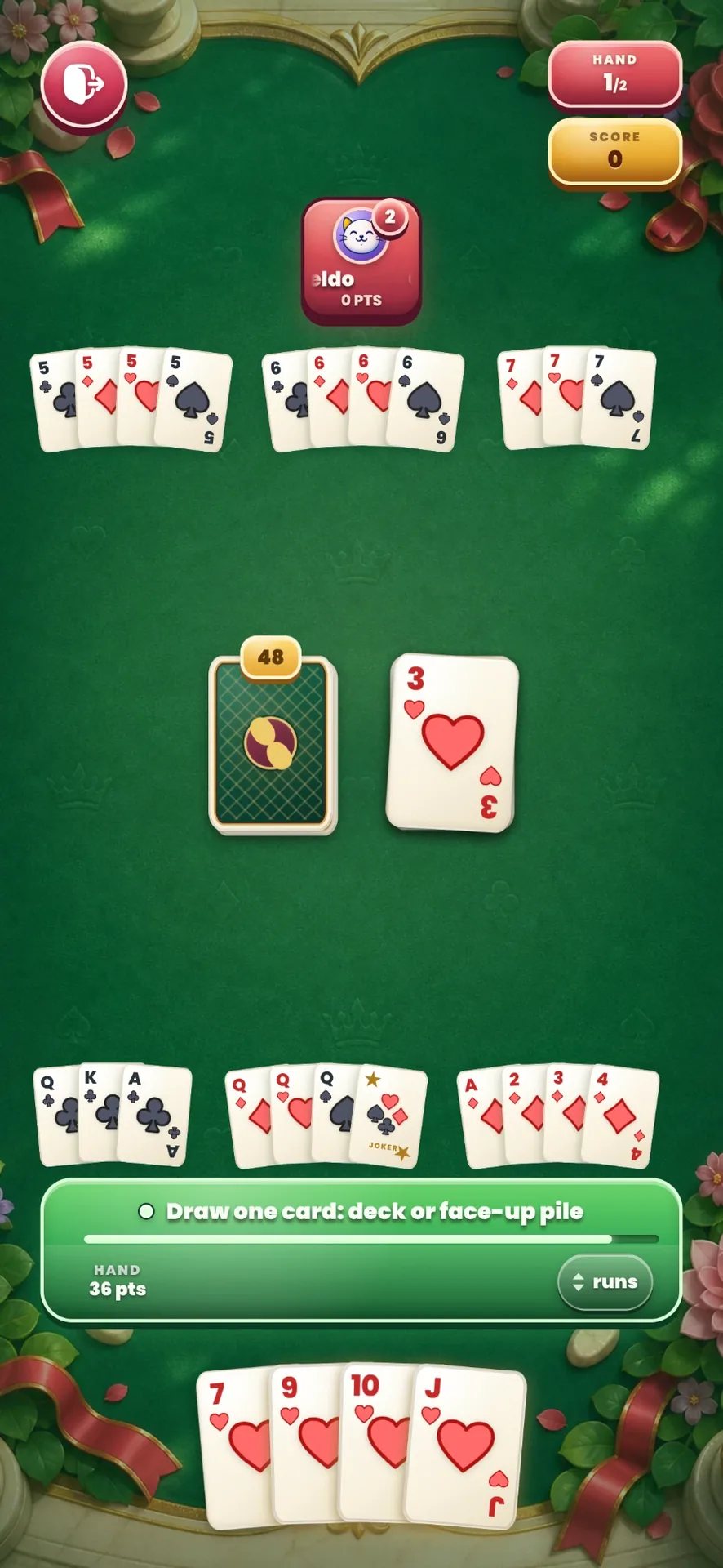 Sets and runs laid on both sides of the table, with the discard pile face up