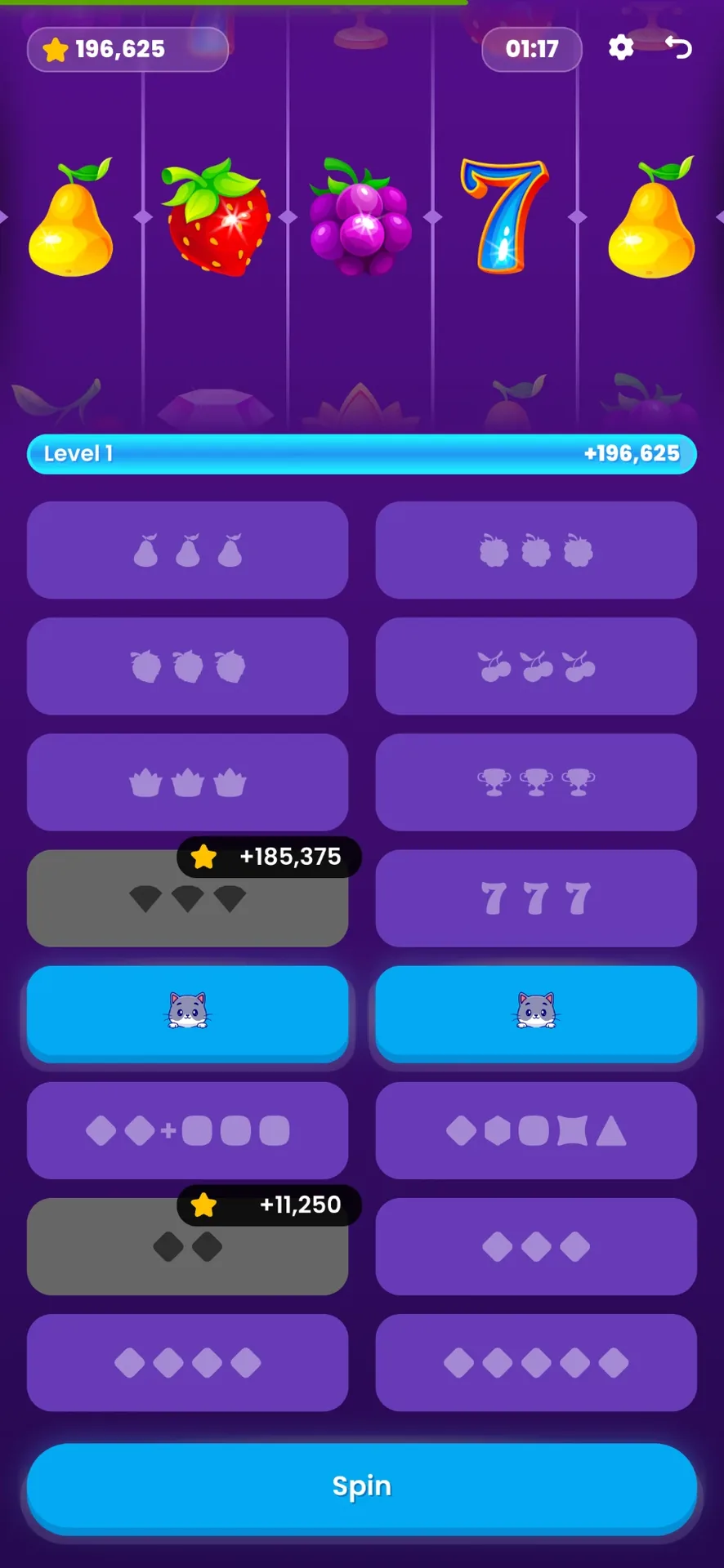 Pear, strawberry, grapes and seven symbols on the Snap Up! reels above an open grid of scoring pads