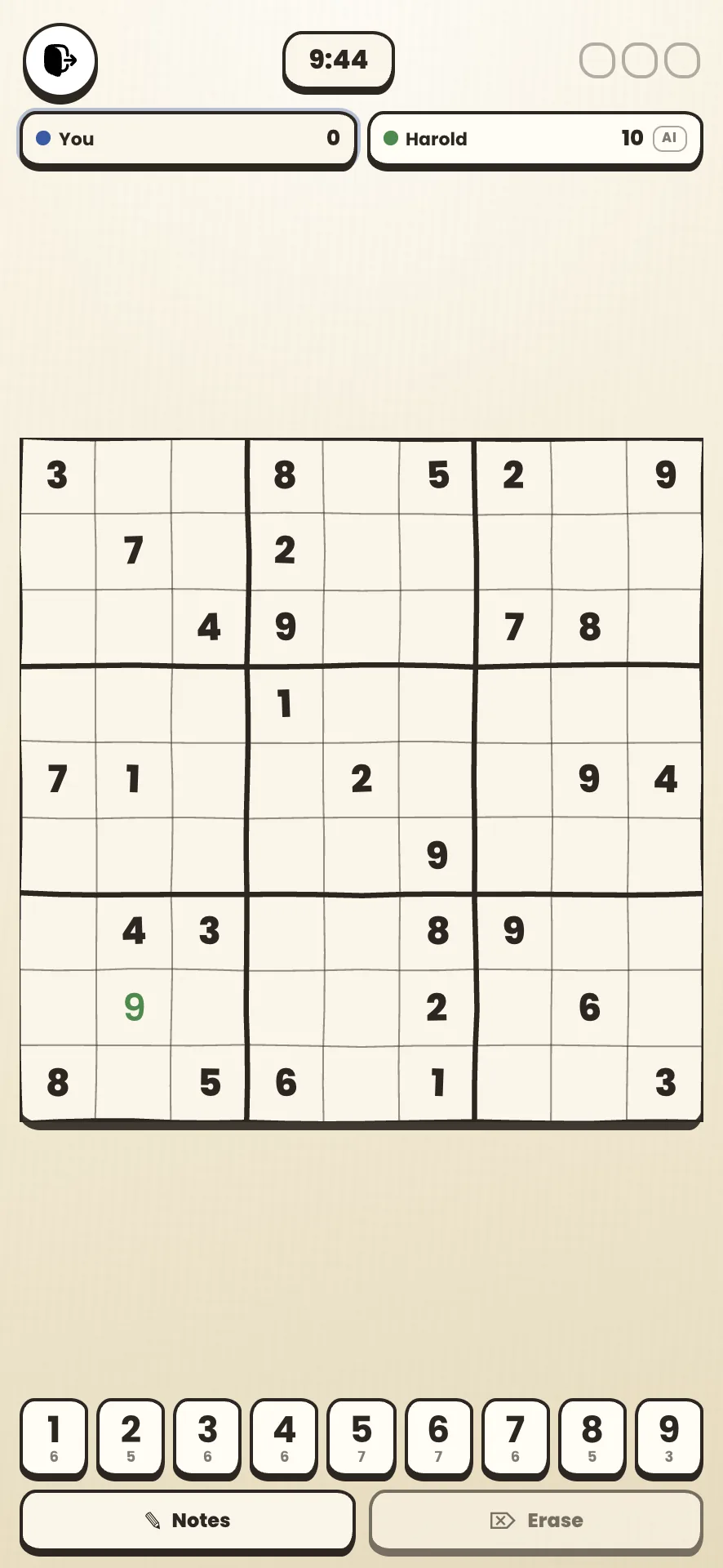 A partially filled Just Sudoku grid with one green answer claimed during a two-player race