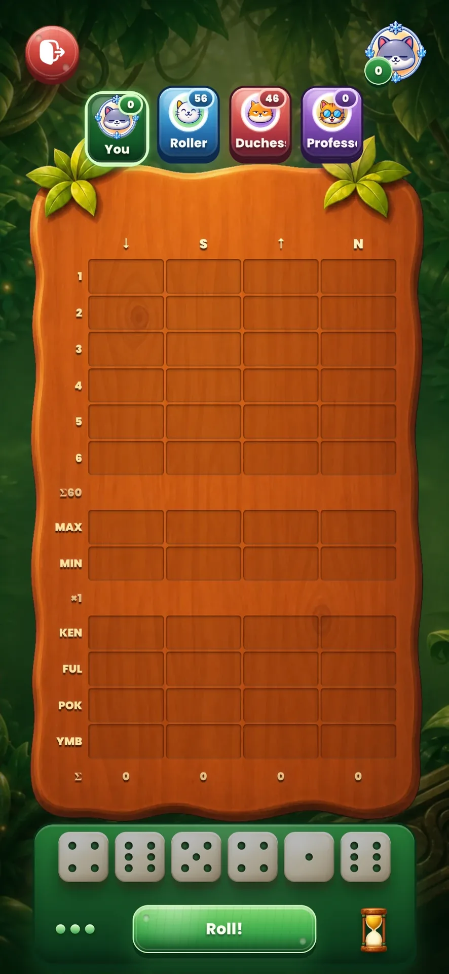 A fresh Jungle Jamb sheet with four seats and six dice in the tray, ready to roll