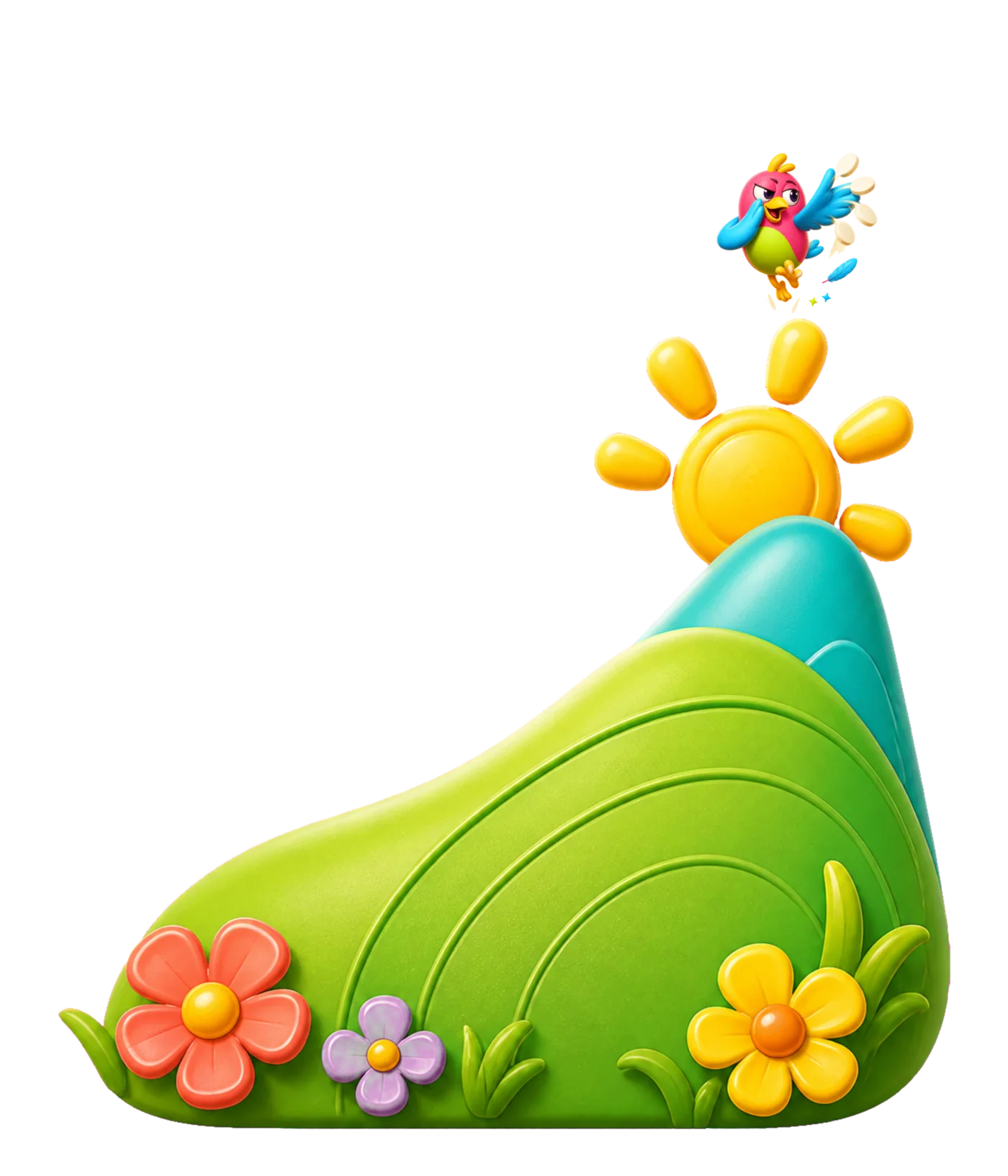 The Cuckoo mascot beside an orange phone on colorful toy hills